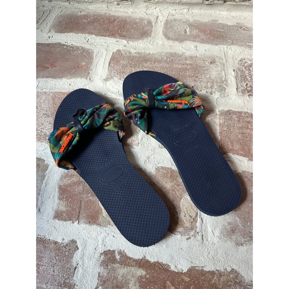 Havaianas You Saint Tropez Navy Blue‎ Floral Bow Slide Sandals Womens 7/8W 39/40